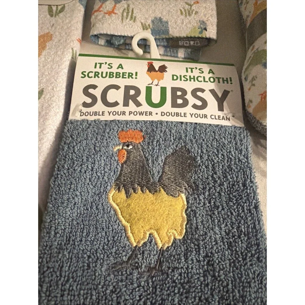 Vibe By MUkitchen 4 Pc Set Rooster Tea Towel Scrubbys Cloths Recycled Materials